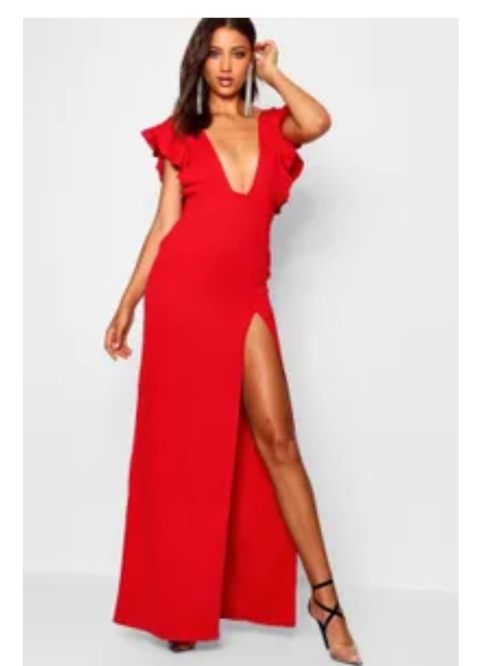 Boohoo Red Ruffle Sleeve Plunge Maxi Dressi with Thigh Slit